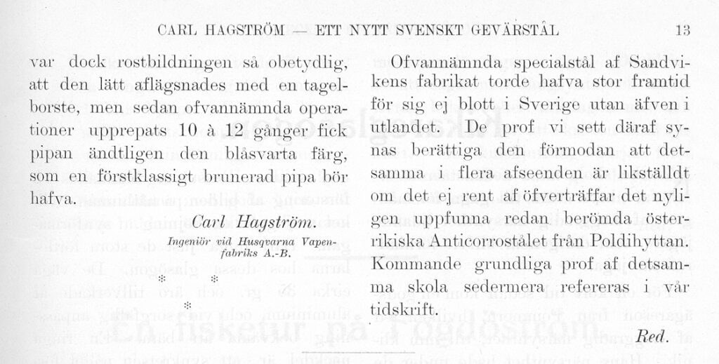 Slutsats om Sandvikens “specialstål” ur “Jaktmarker och Fiskevatten”, 1913.